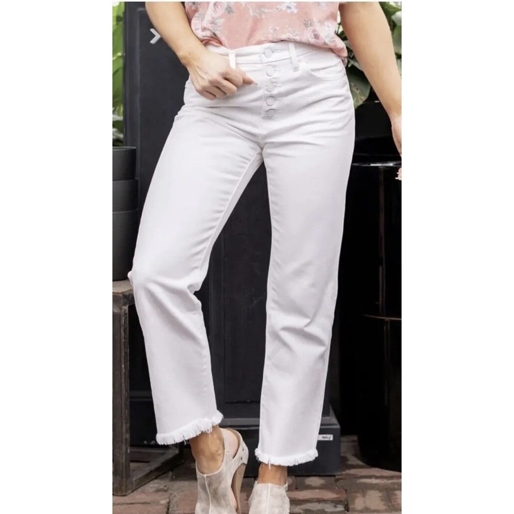 KanCan Happy Hour Straight Leg White Jeans Raw Hem Size 5/26